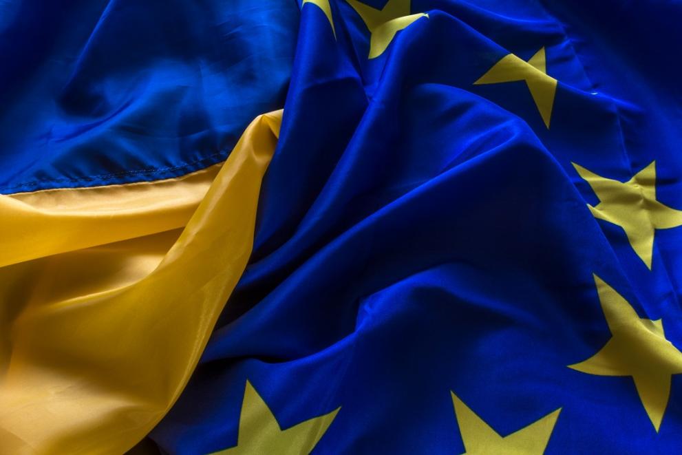 Flags of Europe and Ukraine bunched up together to signify unity